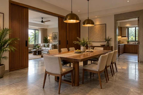 AI-generated dining-room concept: sliding-partition dining, monsoon lunch light direction