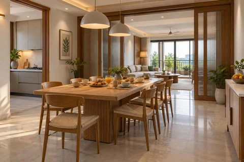 AI-generated dining-room concept: sliding-partition dining, morning breakfast rhythm direction