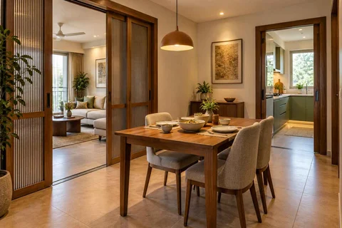 AI-generated dining-room concept: sliding-partition dining, serving bowl sharing direction