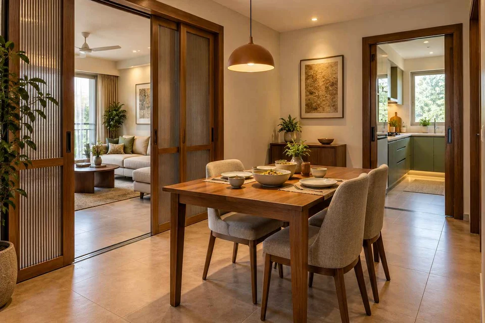 AI-generated dining-room concept: sliding-partition dining, serving bowl sharing direction