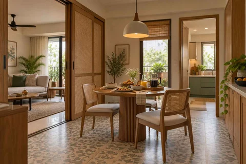 AI-generated dining-room concept: sliding-partition dining, slow weekend brunch direction