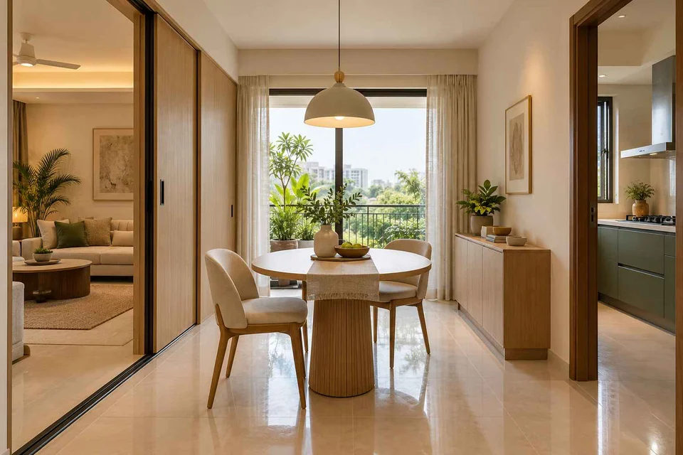 AI-generated dining-room concept: sliding-partition dining, summer-airiness dining direction