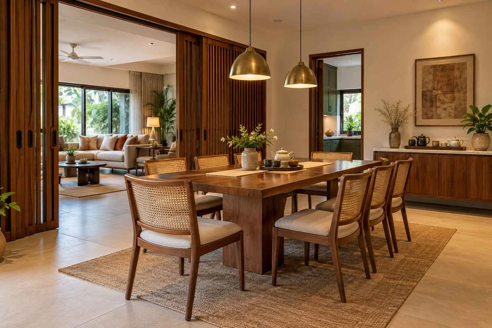 AI-generated dining-room concept: sliding-partition dining, tea with friends direction