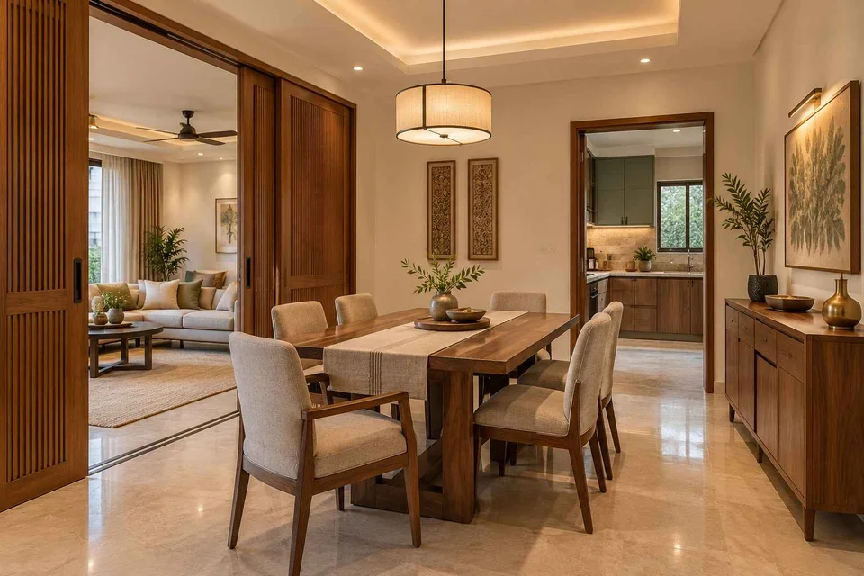 AI-generated dining-room concept: sliding-partition dining, visiting-parents meal direction