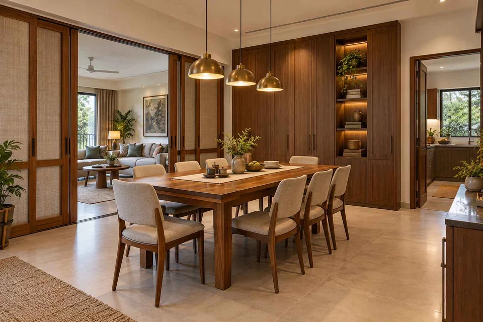 AI-generated dining-room concept: sliding-partition dining, weekend craft-to-meal reset direction