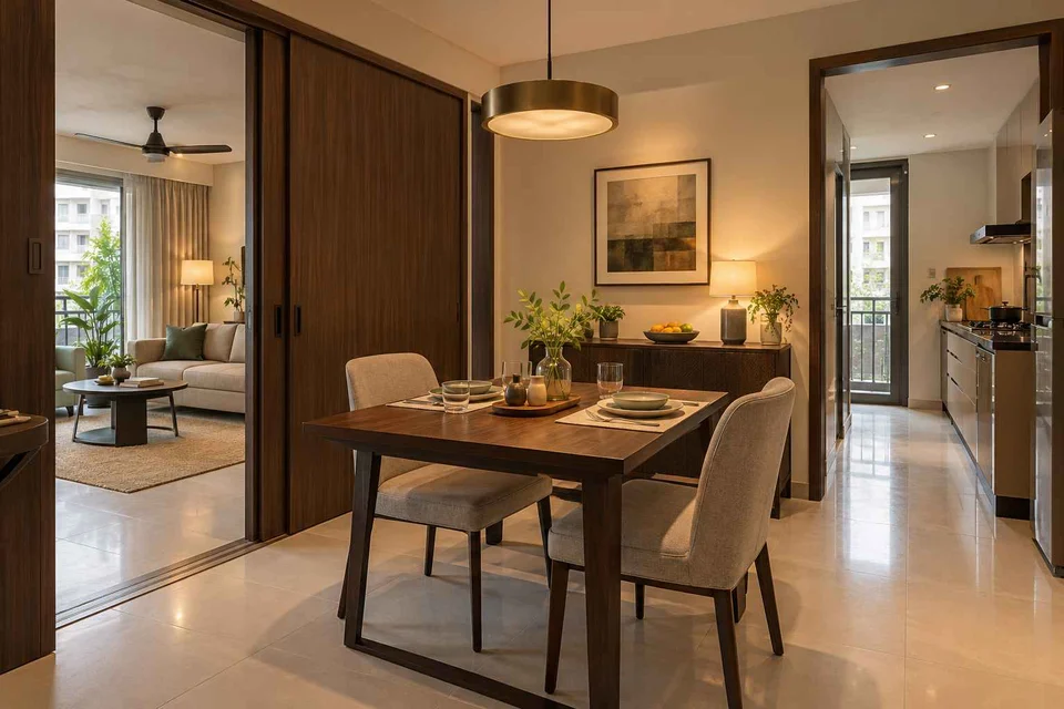 AI-generated dining-room concept: sliding-partition dining, weeknight compact hosting direction