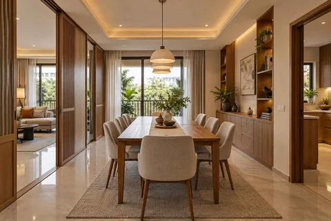 AI-generated dining-room concept: sliding-partition dining, work-from-home reset direction