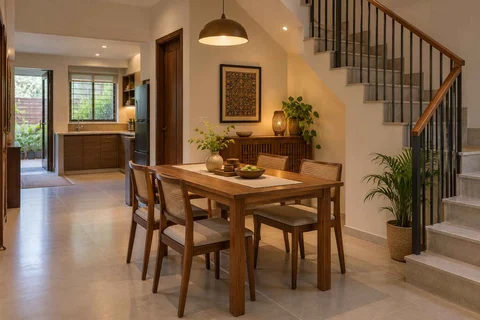 AI-generated dining-room concept: stair-side dining room, adaptable everyday dining direction
