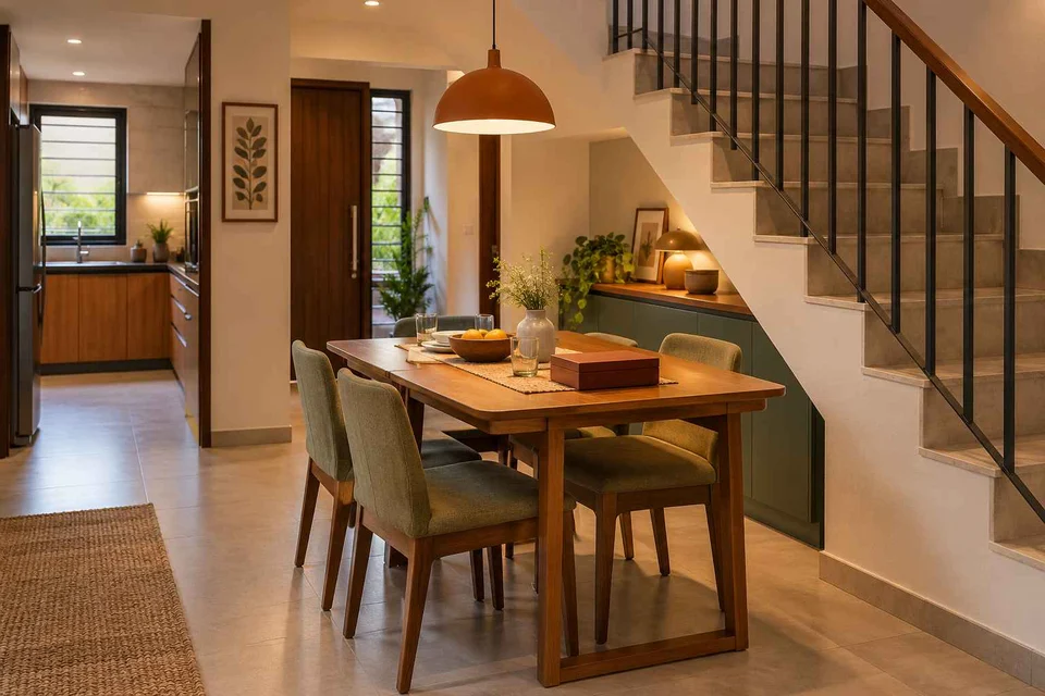 AI-generated dining-room concept: stair-side dining room, board-game supper direction