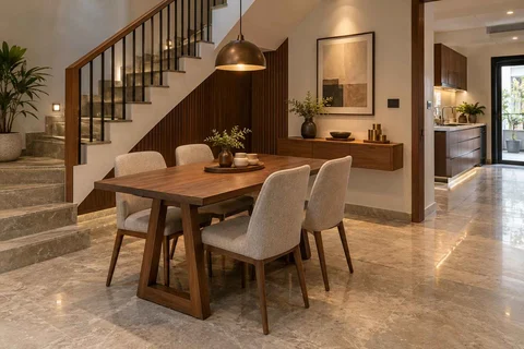 AI-generated dining-room concept: stair-side dining room, buffet-side gathering direction