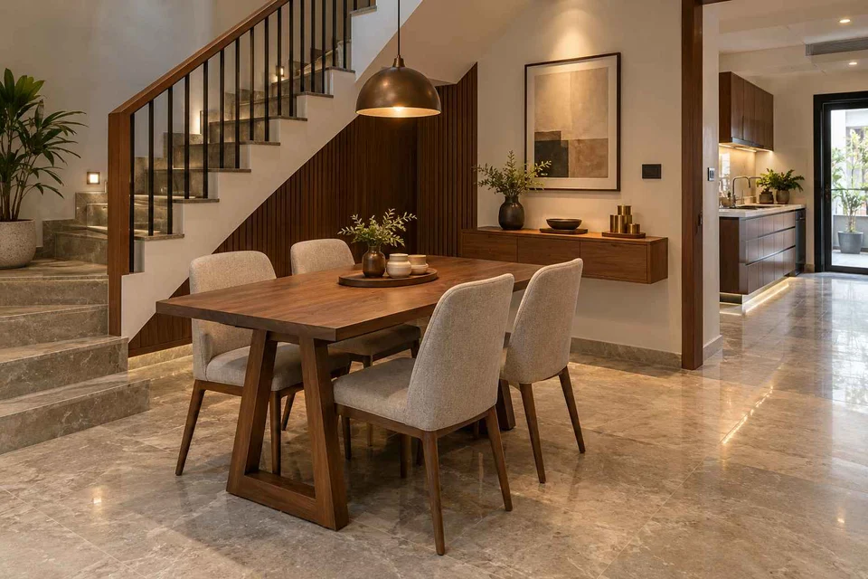 AI-generated dining-room concept: stair-side dining room, buffet-side gathering direction
