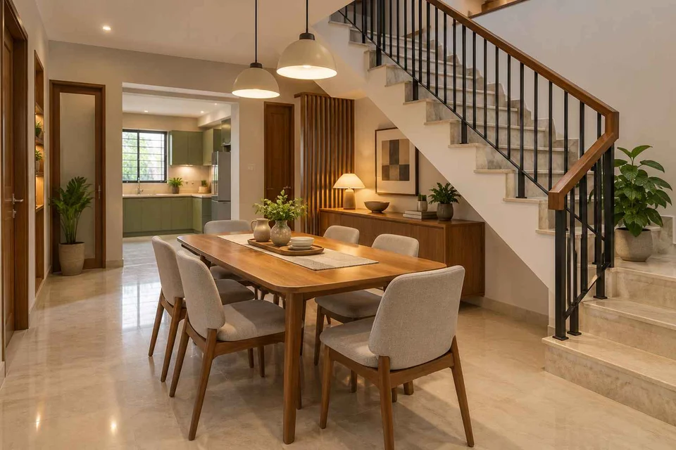 AI-generated dining-room concept: stair-side dining room, children's everyday meals direction