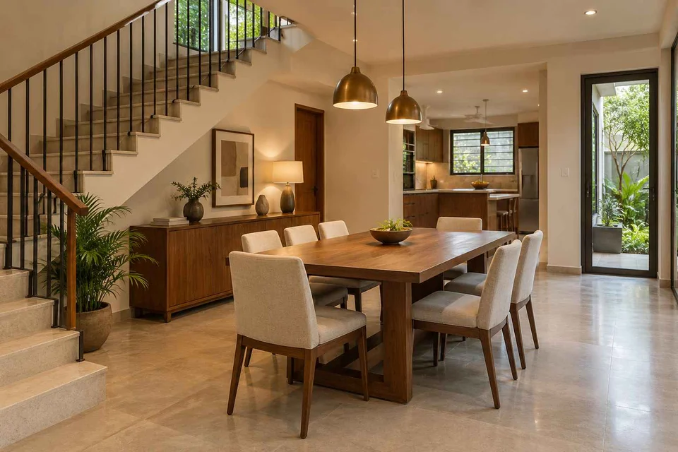 AI-generated dining-room concept: stair-side dining room, clear-table daily reset direction