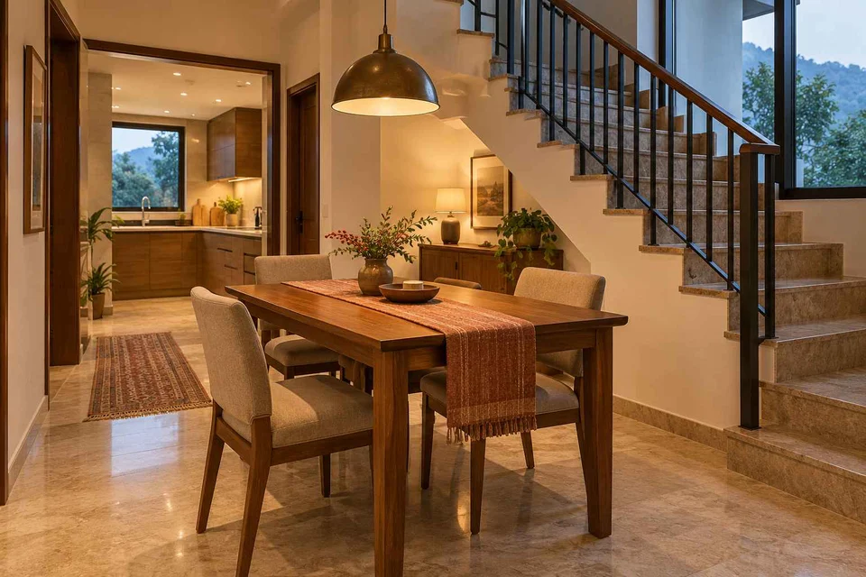 AI-generated dining-room concept: stair-side dining room, cool-season family table direction