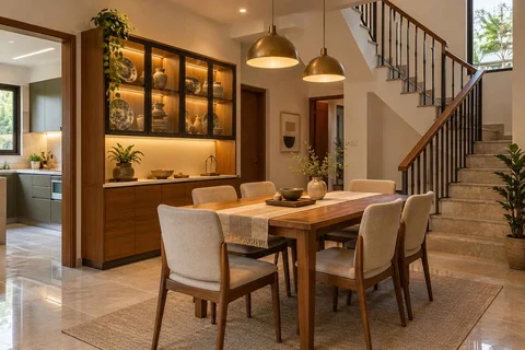 AI-generated dining-room concept: stair-side dining room, crockery collection display direction