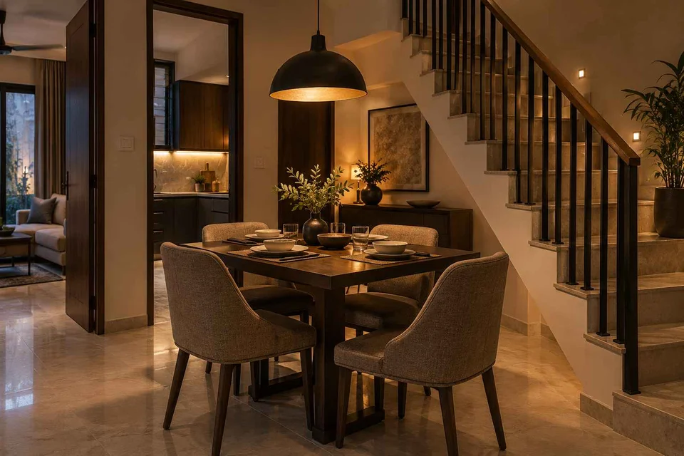 AI-generated dining-room concept: stair-side dining room, evening candleless dinner direction