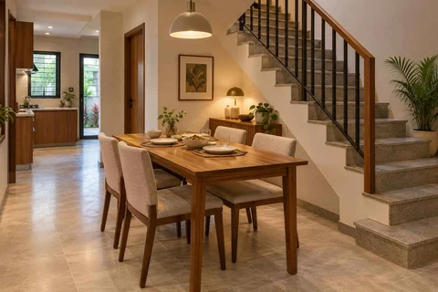 AI-generated dining-room concept: stair-side dining room, everyday family supper direction