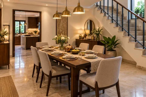 AI-generated dining-room concept: stair-side dining room, festival meal preparation direction