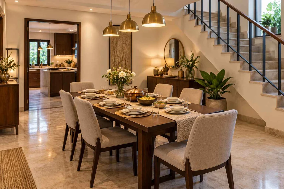 AI-generated dining-room concept: stair-side dining room, festival meal preparation direction