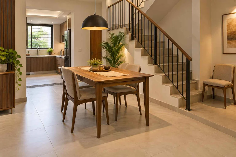 AI-generated dining-room concept: stair-side dining room, flexible extra seats direction