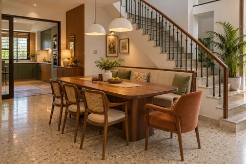 AI-generated dining-room concept: stair-side dining room, grandparents and grandchildren direction