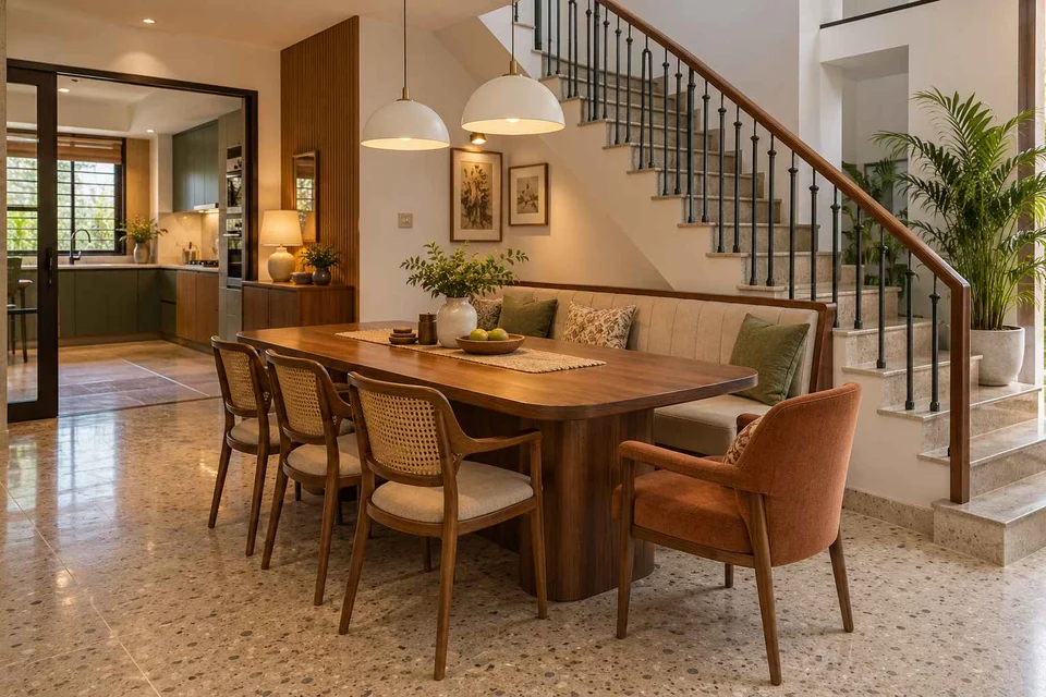 AI-generated dining-room concept: stair-side dining room, grandparents and grandchildren direction