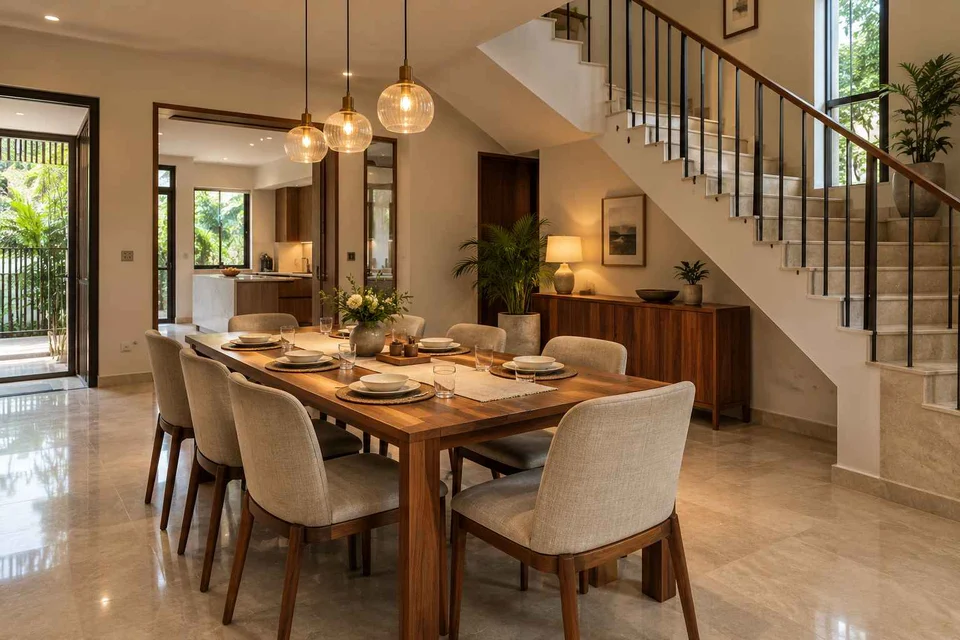 AI-generated dining-room concept: stair-side dining room, guest welcome meal direction
