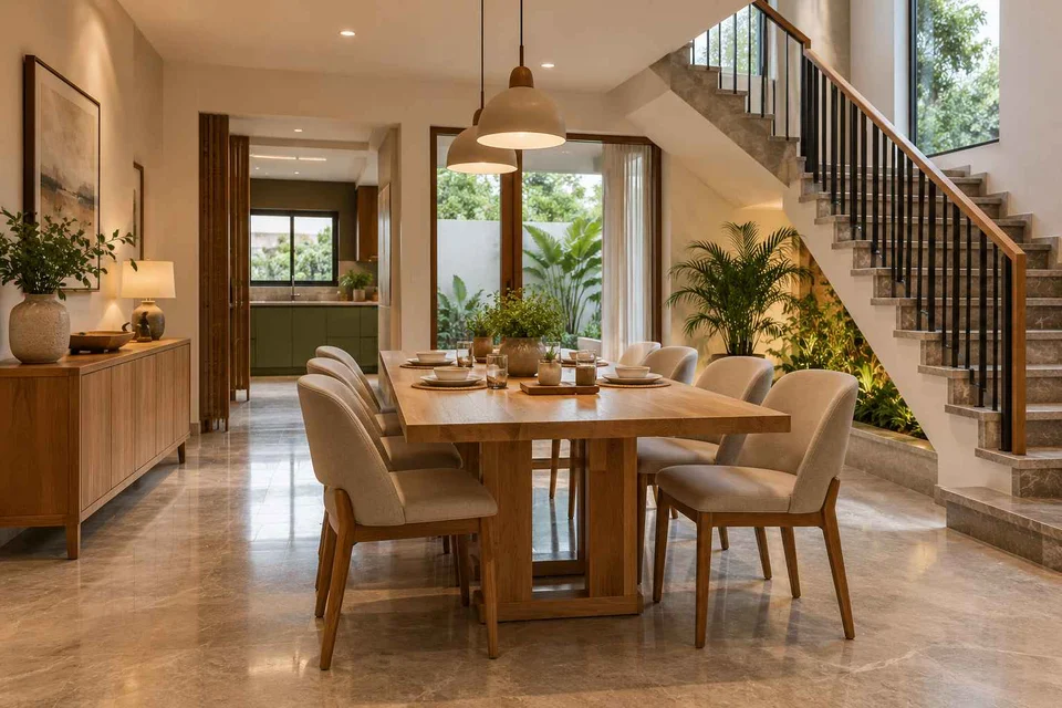 AI-generated dining-room concept: stair-side dining room, homegrown herb table direction