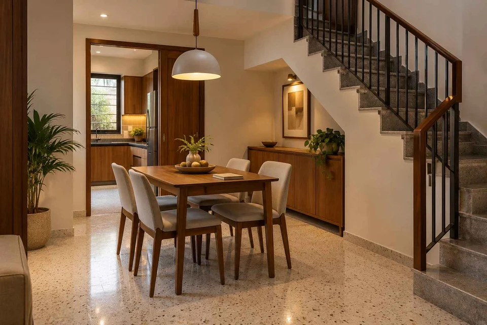 AI-generated dining-room concept: stair-side dining room, homework-to-dinner transition direction