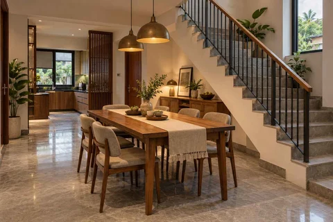 AI-generated dining-room concept: stair-side dining room, monsoon lunch light direction