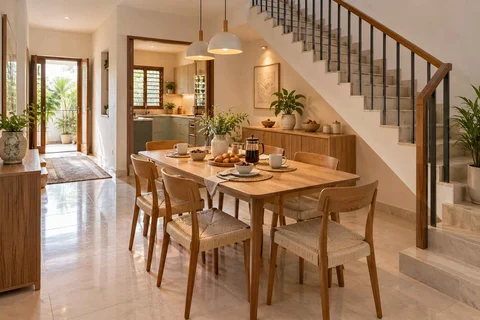 AI-generated dining-room concept: stair-side dining room, morning breakfast rhythm direction