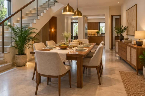 AI-generated dining-room concept: stair-side dining room, serving bowl sharing direction