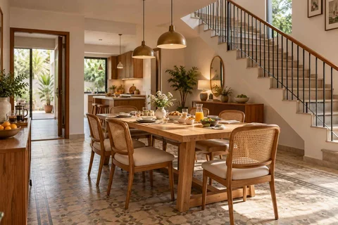 AI-generated dining-room concept: stair-side dining room, slow weekend brunch direction