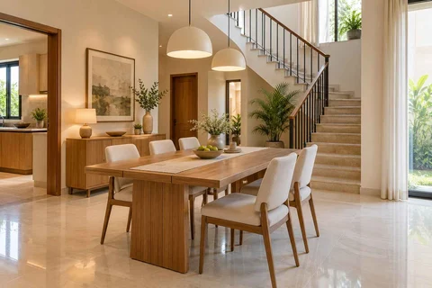 AI-generated dining-room concept: stair-side dining room, summer-airiness dining direction