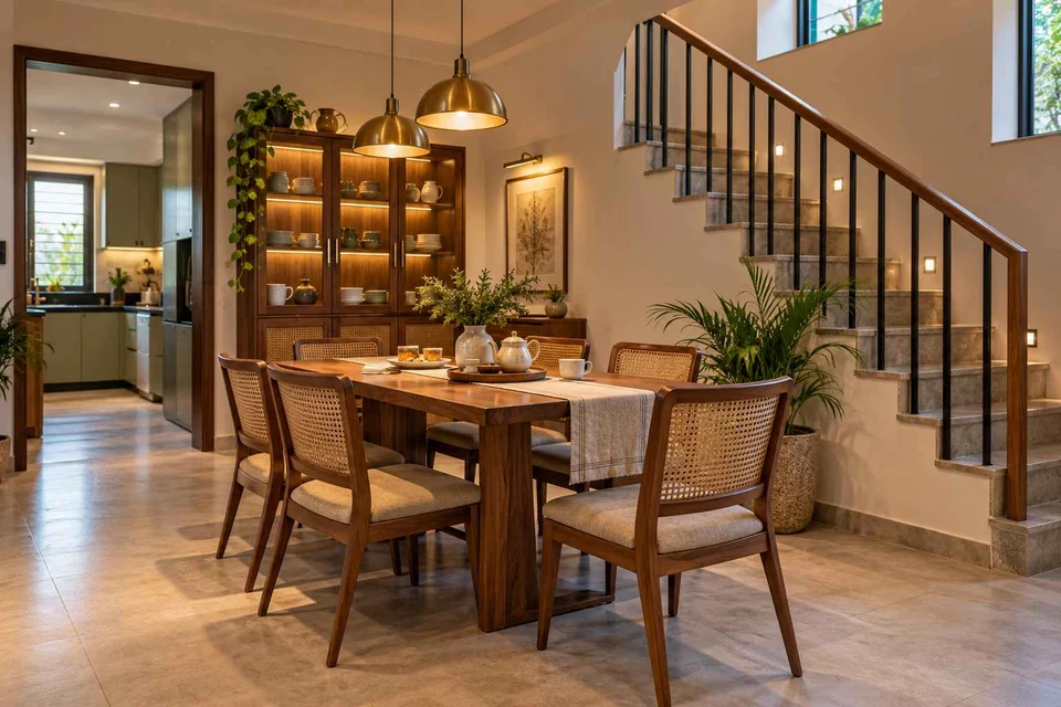 AI-generated dining-room concept: stair-side dining room, tea with friends direction