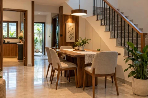 AI-generated dining-room concept: stair-side dining room, visiting-parents meal direction