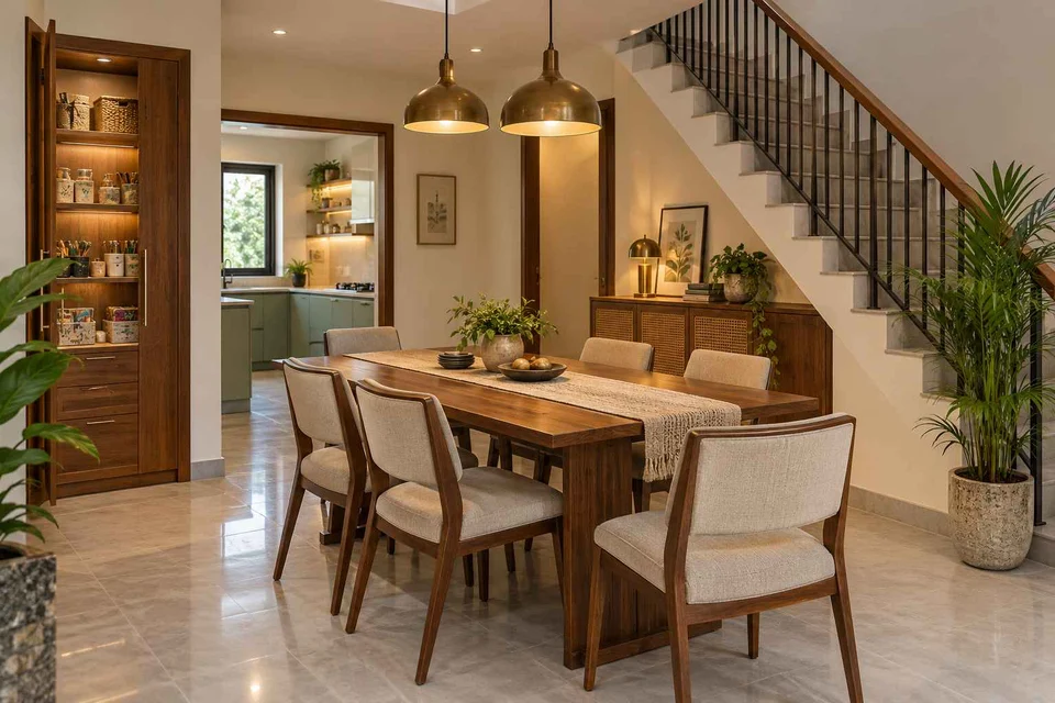 AI-generated dining-room concept: stair-side dining room, weekend craft-to-meal reset direction