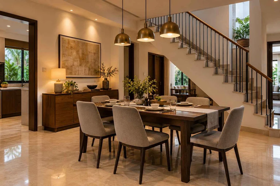 AI-generated dining-room concept: stair-side dining room, weeknight compact hosting direction