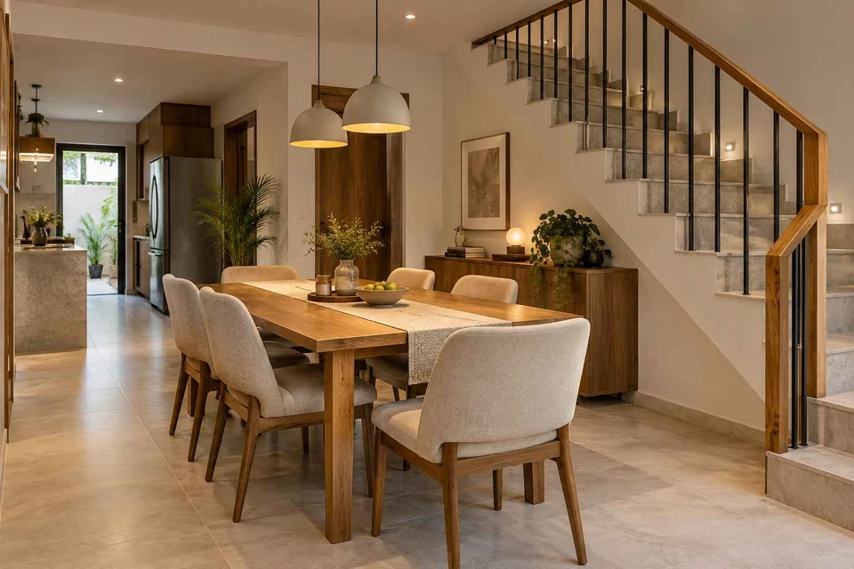 AI-generated dining-room concept: stair-side dining room, work-from-home reset direction