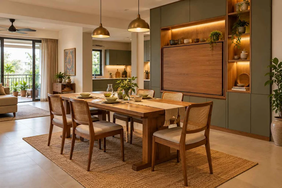 AI-generated dining-room concept: wall-unit dining, adaptable everyday dining direction