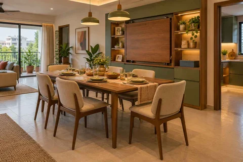 AI-generated dining-room concept: wall-unit dining, board-game supper direction