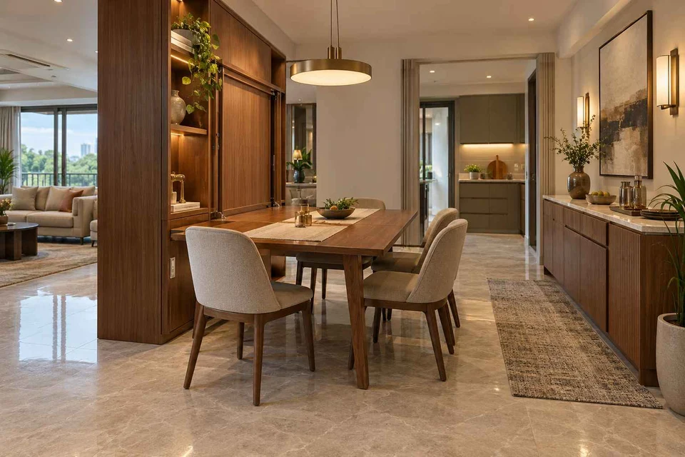 AI-generated dining-room concept: wall-unit dining, buffet-side gathering direction