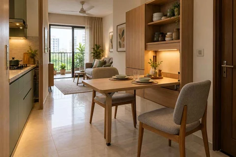 AI-generated dining-room concept: wall-unit dining, children's everyday meals direction