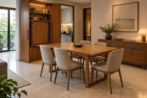 AI-generated dining-room concept: wall-unit dining, clear-table daily reset direction