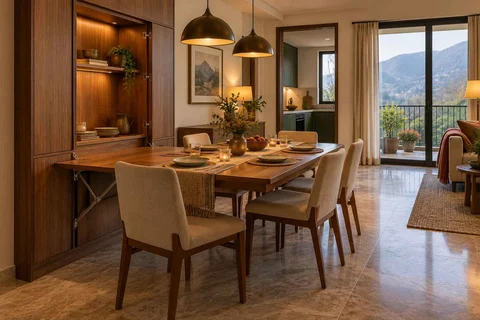 AI-generated dining-room concept: wall-unit dining, cool-season family table direction