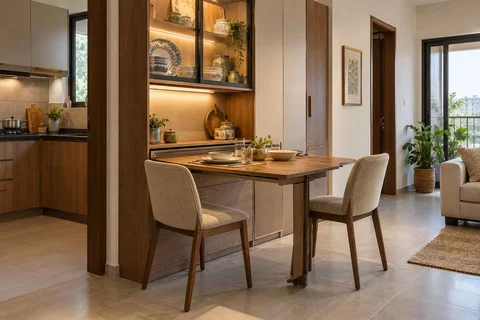AI-generated dining-room concept: wall-unit dining, crockery collection display direction