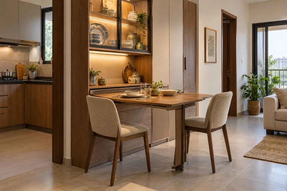 AI-generated dining-room concept: wall-unit dining, crockery collection display direction