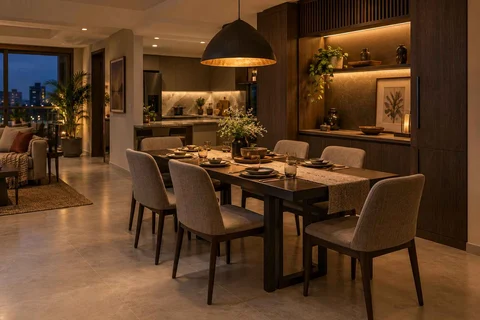 AI-generated dining-room concept: wall-unit dining, evening candleless dinner direction