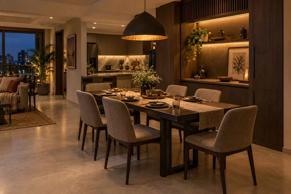 AI-generated dining-room concept: wall-unit dining, evening candleless dinner direction