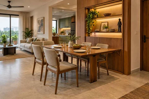 AI-generated dining-room concept: wall-unit dining, everyday family supper direction